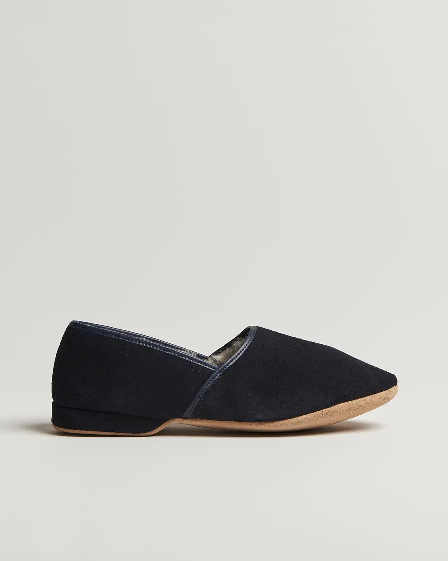 Derek Rose Crawford Sheepskin Suede Slippers Navy