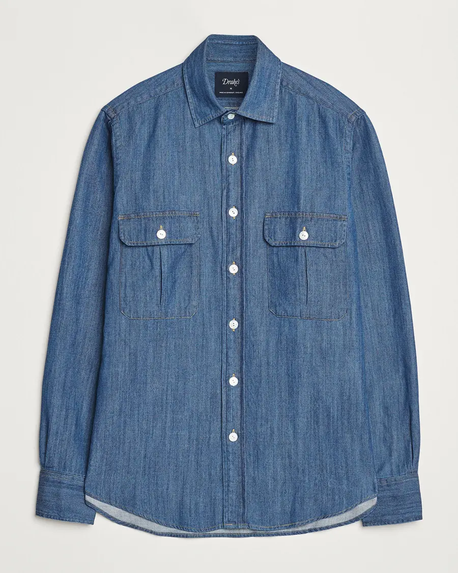 Drake's Denim Cotton Two Pocket Work Shirt Blue