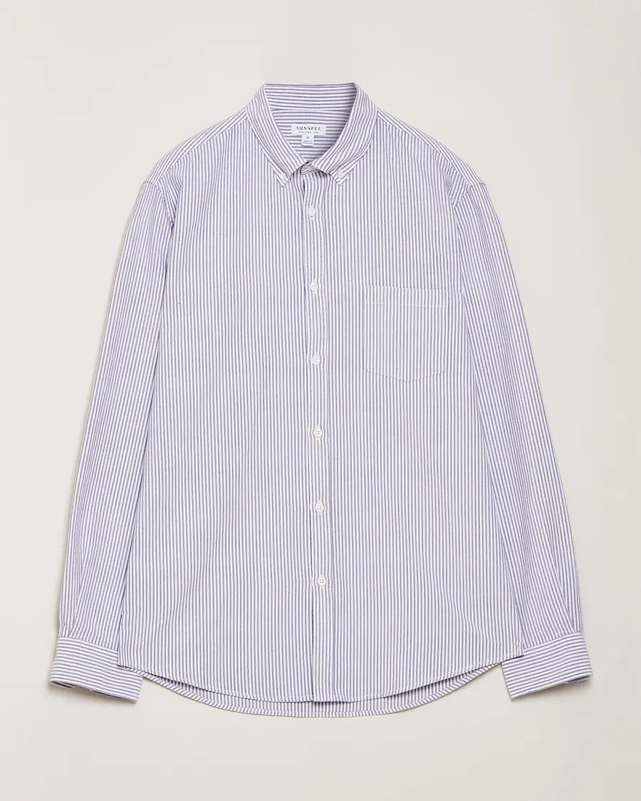 Sunspel Striped Oxford Button Down Shirt White/Navy