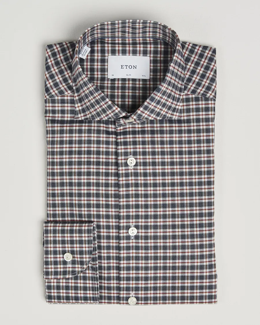 Eton Slim Fit Checked Wrinkle Free Flannel Shirt Dark Blue