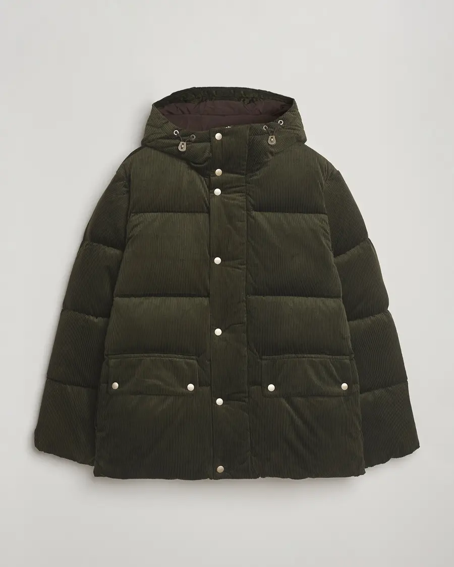 GANT Corduroy Down Hooded Puffer Jacket Green Lagoon
