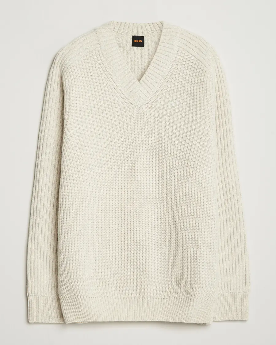 BOSS ORANGE Karinet Ribbed Wool Knitted V-Neck Light Beige
