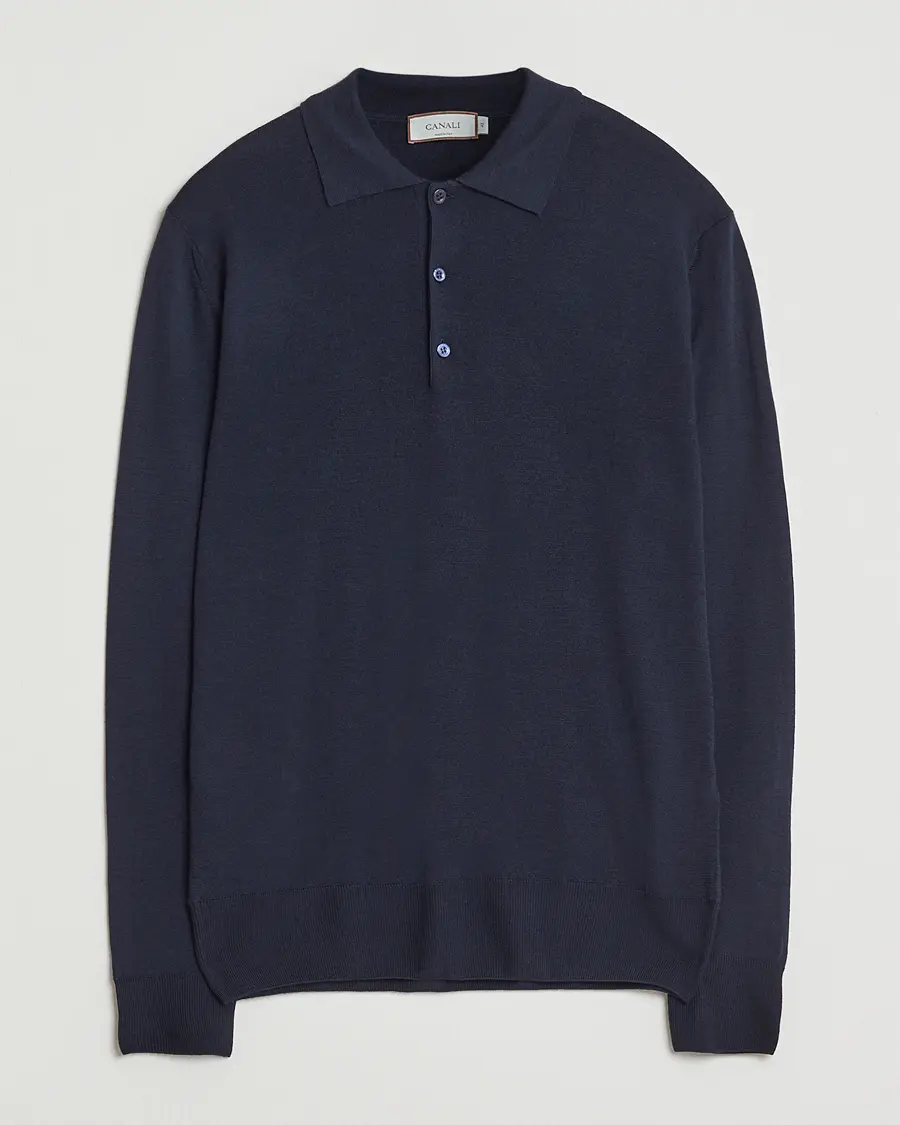 Canali Merino Wool Long Sleeve Polo Navy