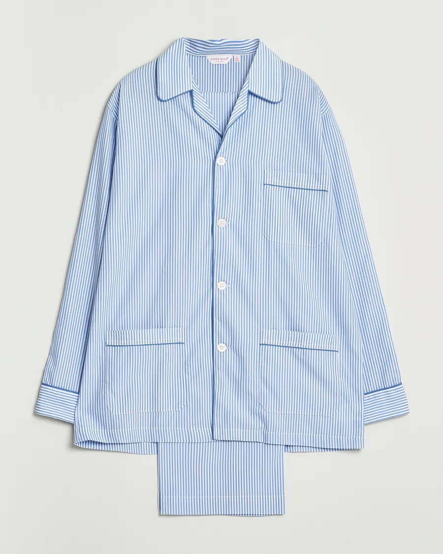 Derek Rose Striped Piped Cotton Pyjama Set Blue/White
