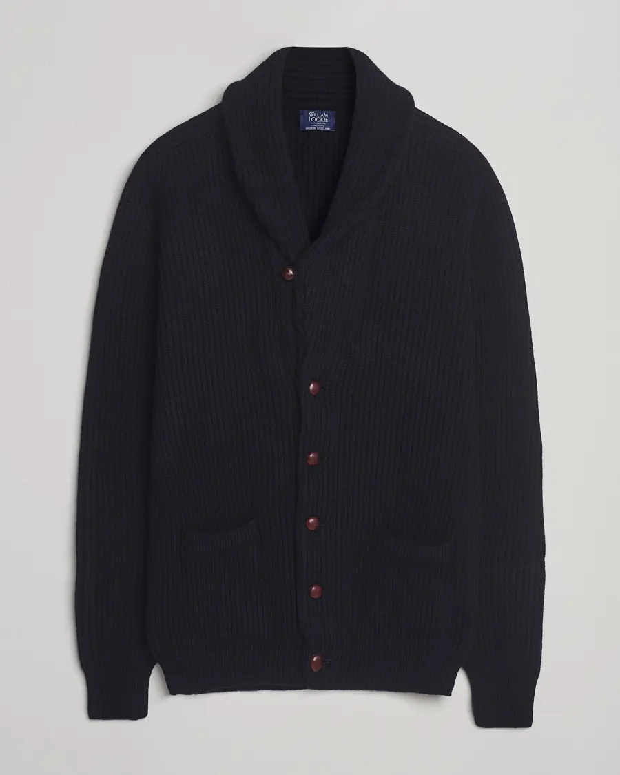 William Lockie Windsor Geelong Lambswool Shawl Cardigan Navy