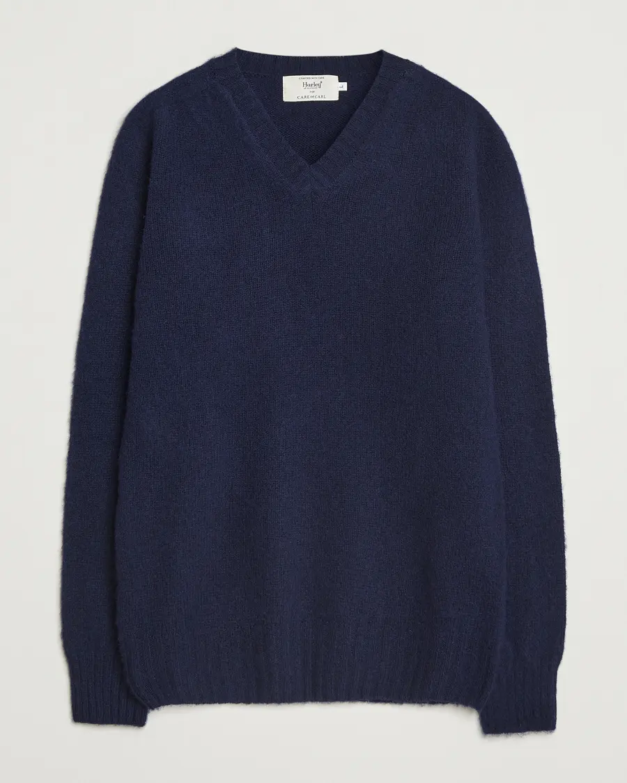 Harley Of Scotland Brushed Supersoft Lambswool V-Neck Navy