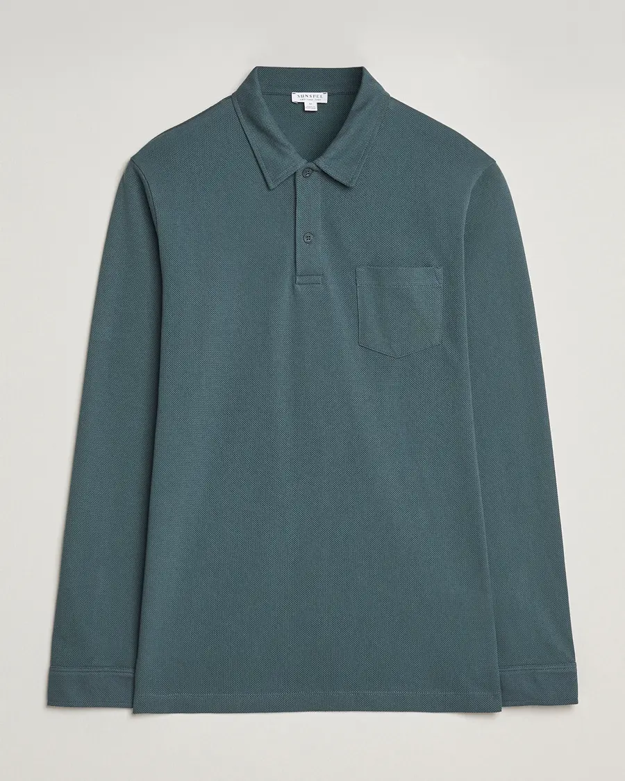 Sunspel Long Sleeve Riviera Polo Shirt Dark Petrol