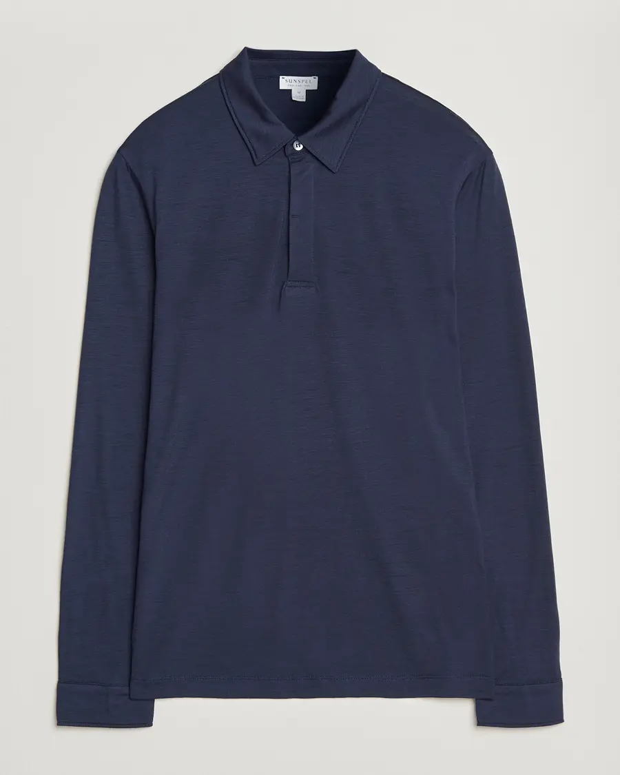 Sunspel Wool Jersey Long Sleeve Polo Navy