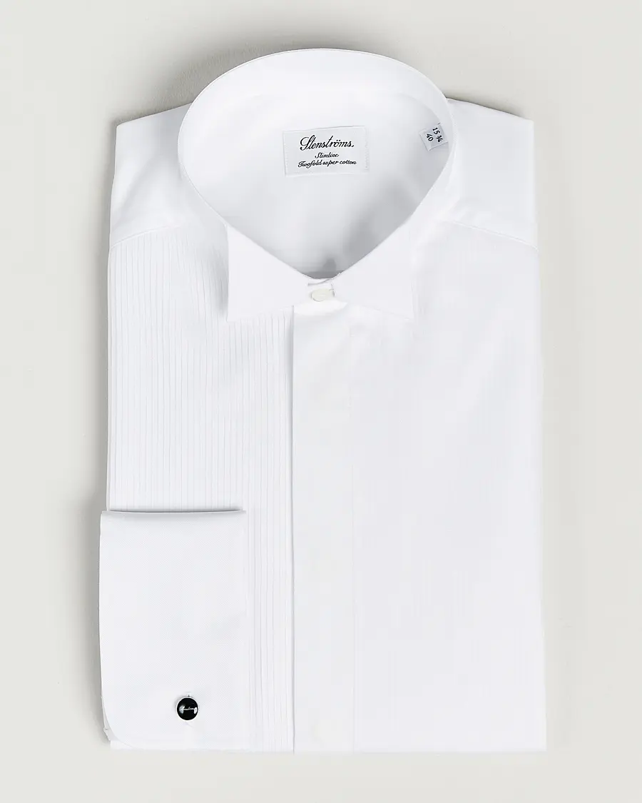 Stenströms Slimline Stand Up Collar Plissè Shirt White