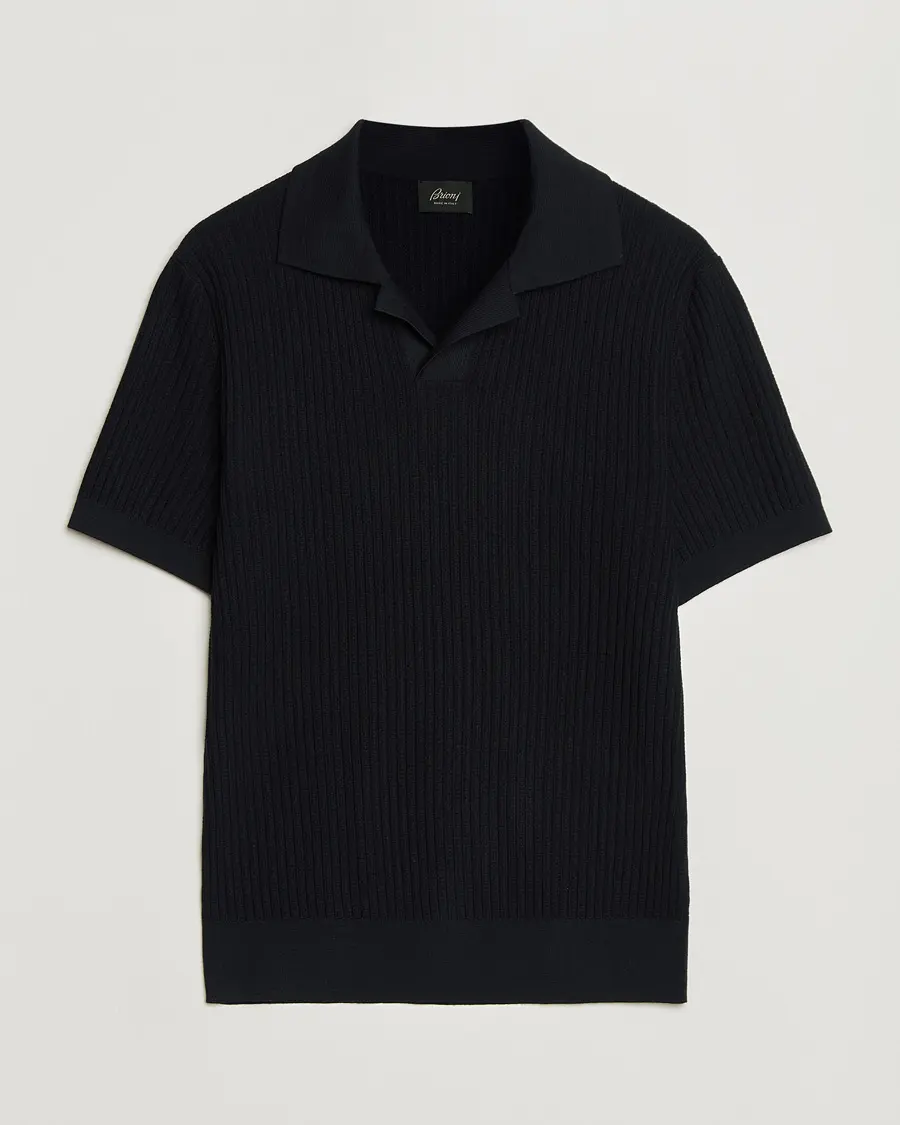 Brioni Knitted Rib Wool Polo Navy