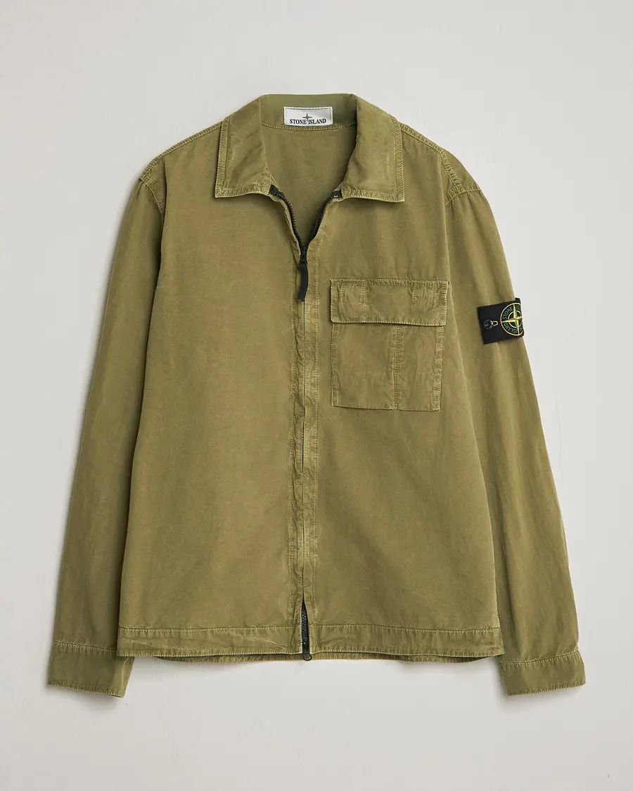 Stone Island Brushed Cotton Canvas Zip Overshirt Military Green