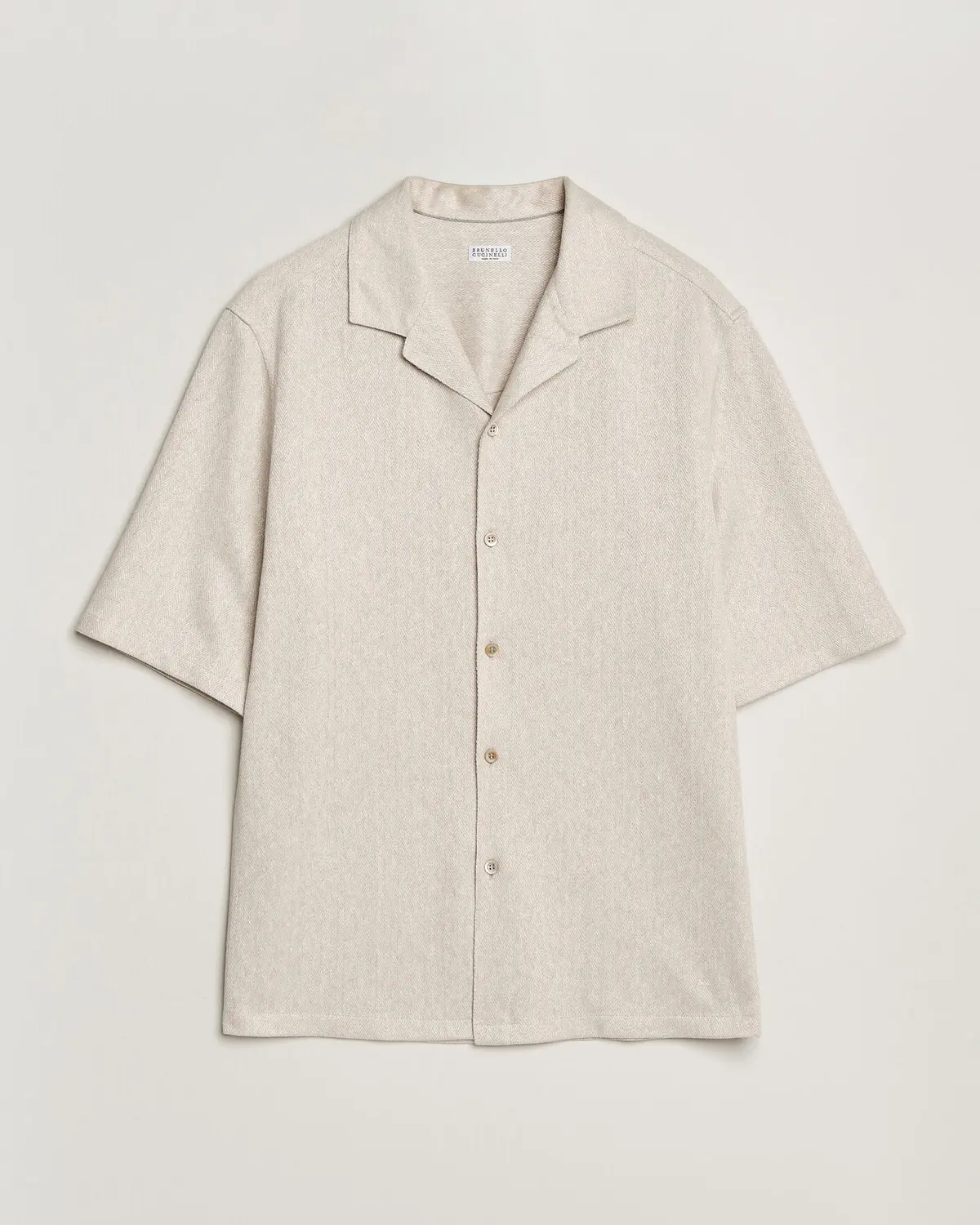 Brunello Cucinelli Linen Herringbone Camp Shirt Light Beige