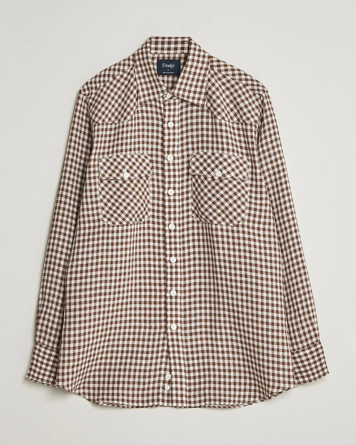 Drake's Linen Gingham Western Shirt Brown/White