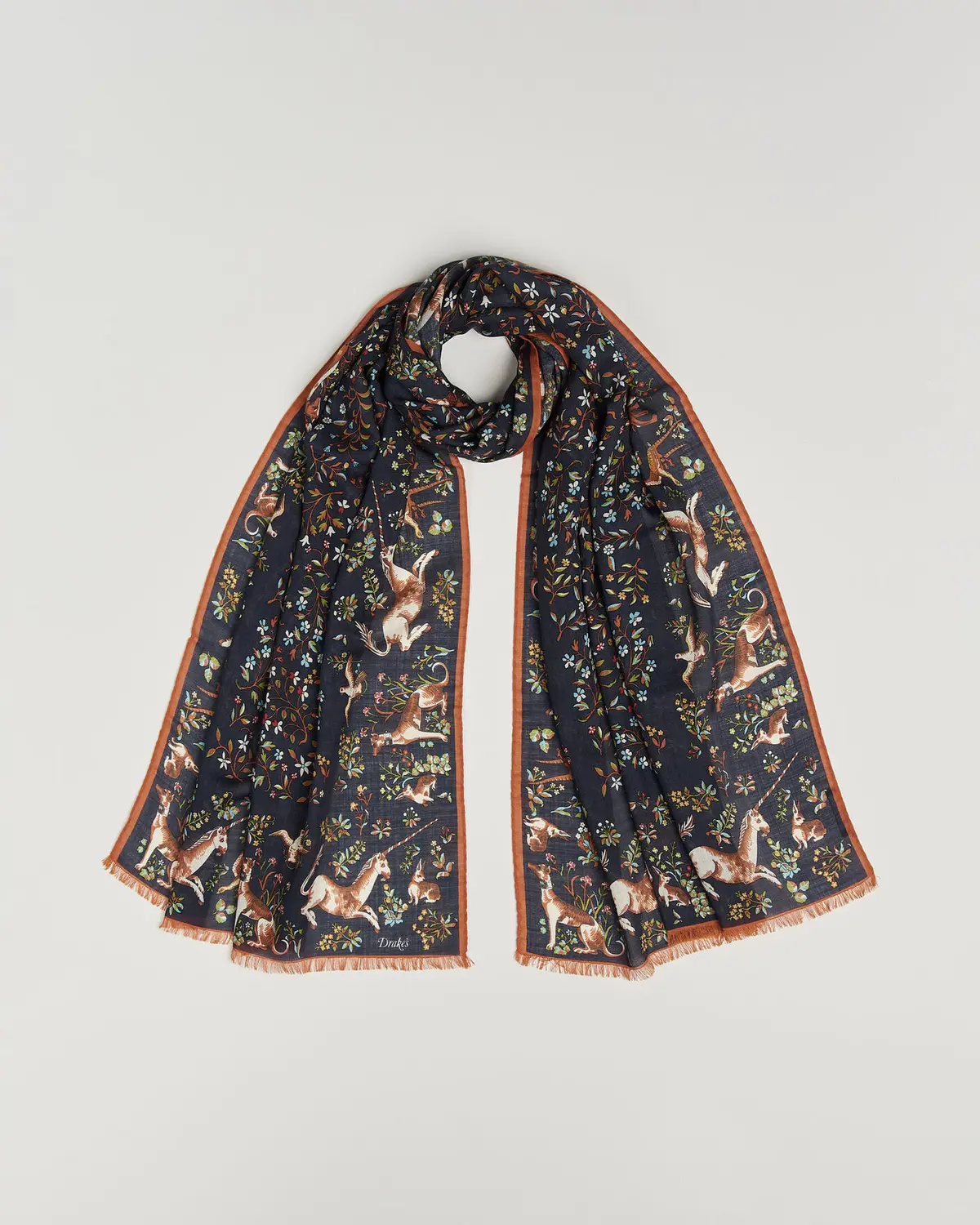 Drake's Unicorn Garden Wool/Silk Print Scarf Navy