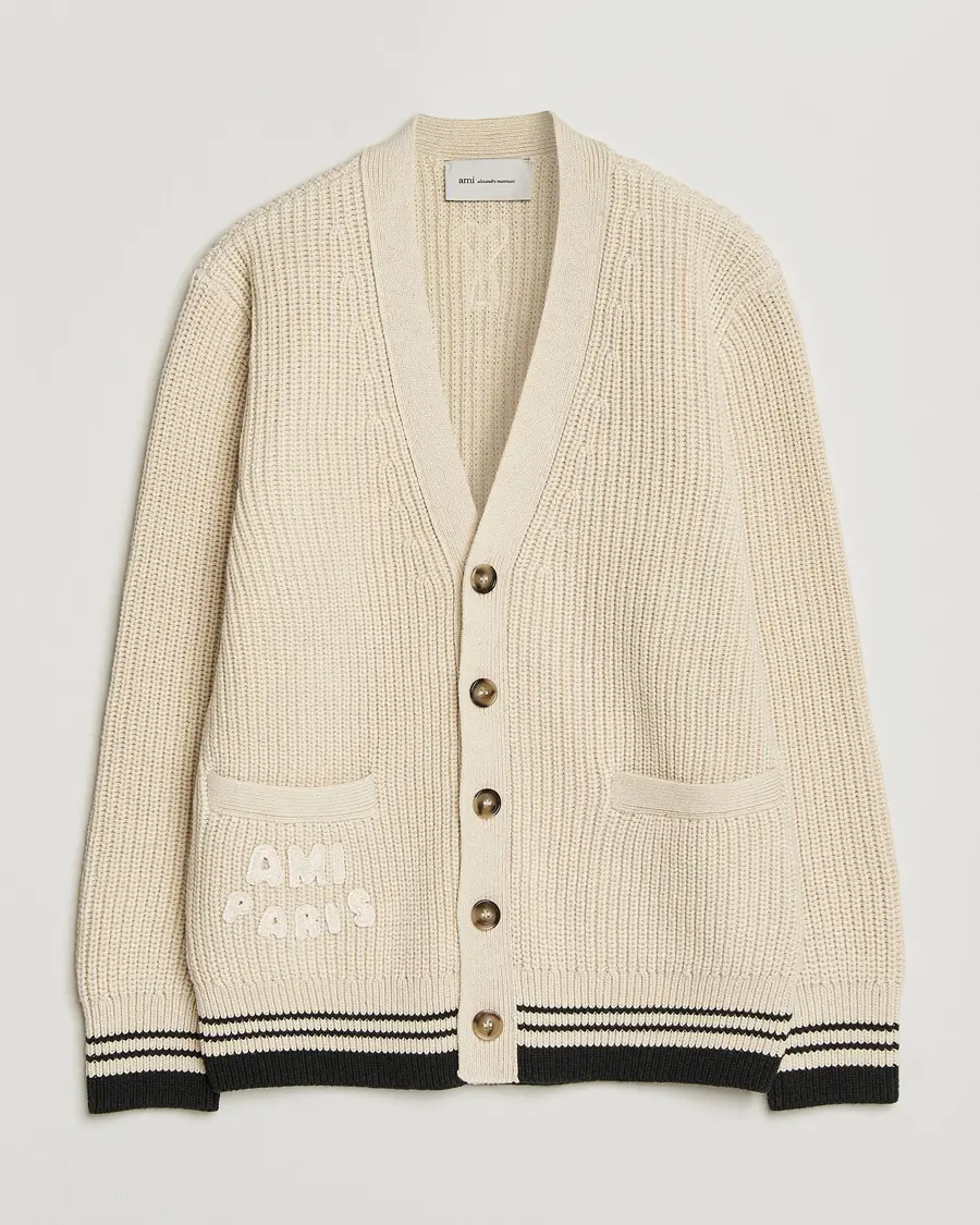 AMI Wool/Cotton Ribbed Cardigan Creme