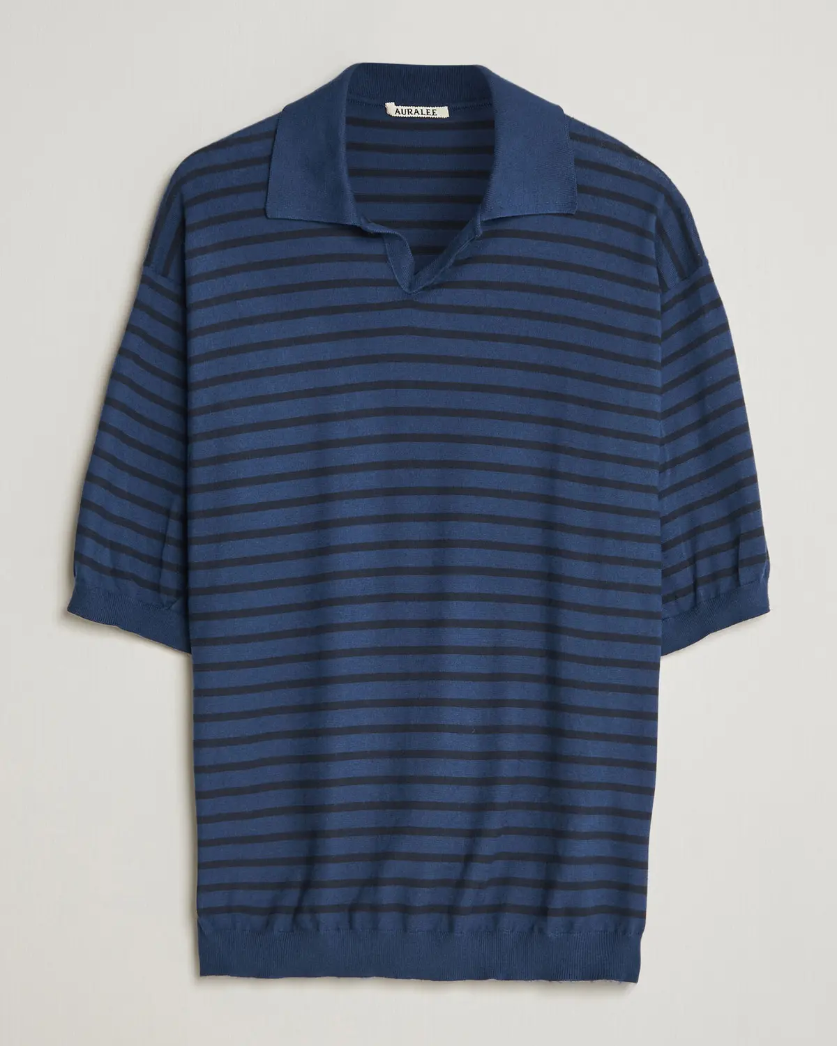 Auralee Cotton Knit Skipper Polo Navy Stripe