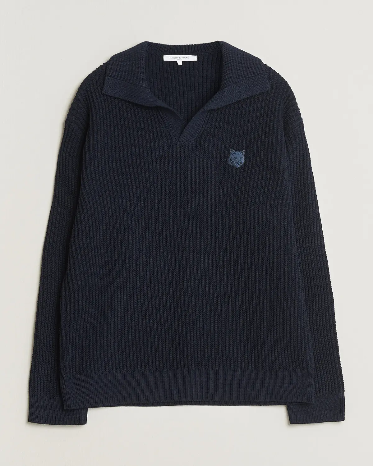 Maison Kitsuné Tonal Fox Head Rib Knitted Polo Navy