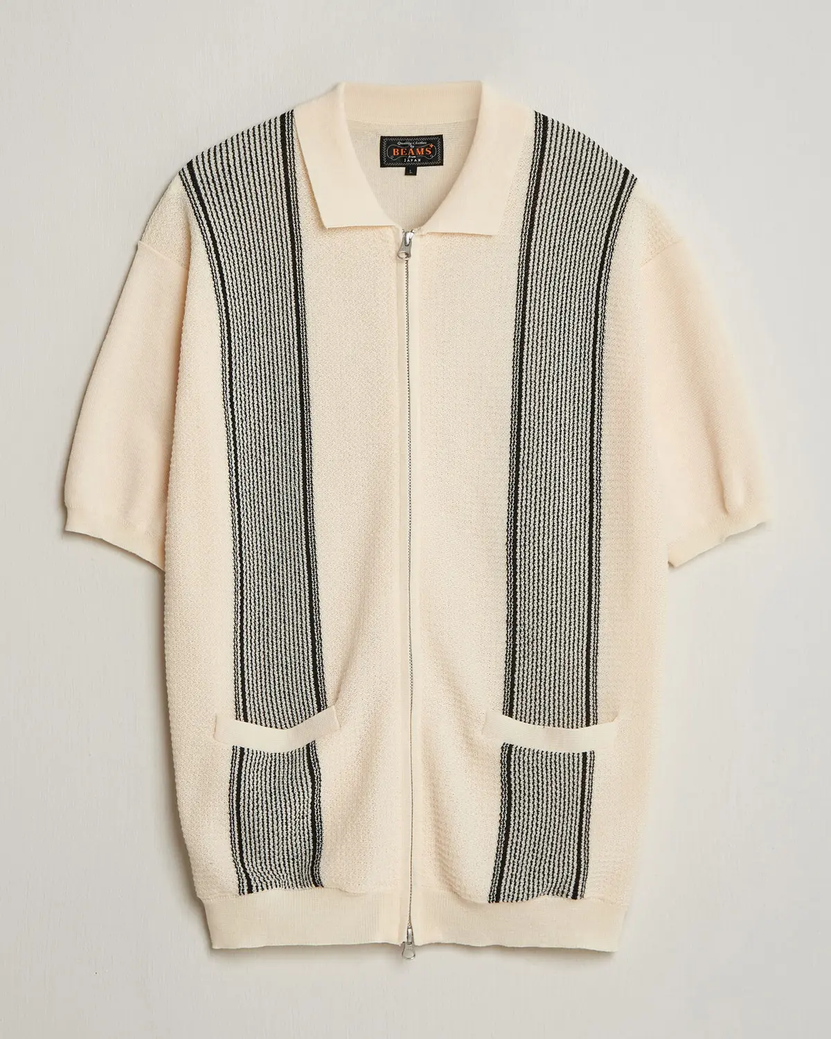 BEAMS PLUS Zip Knit Striped Polo Off White