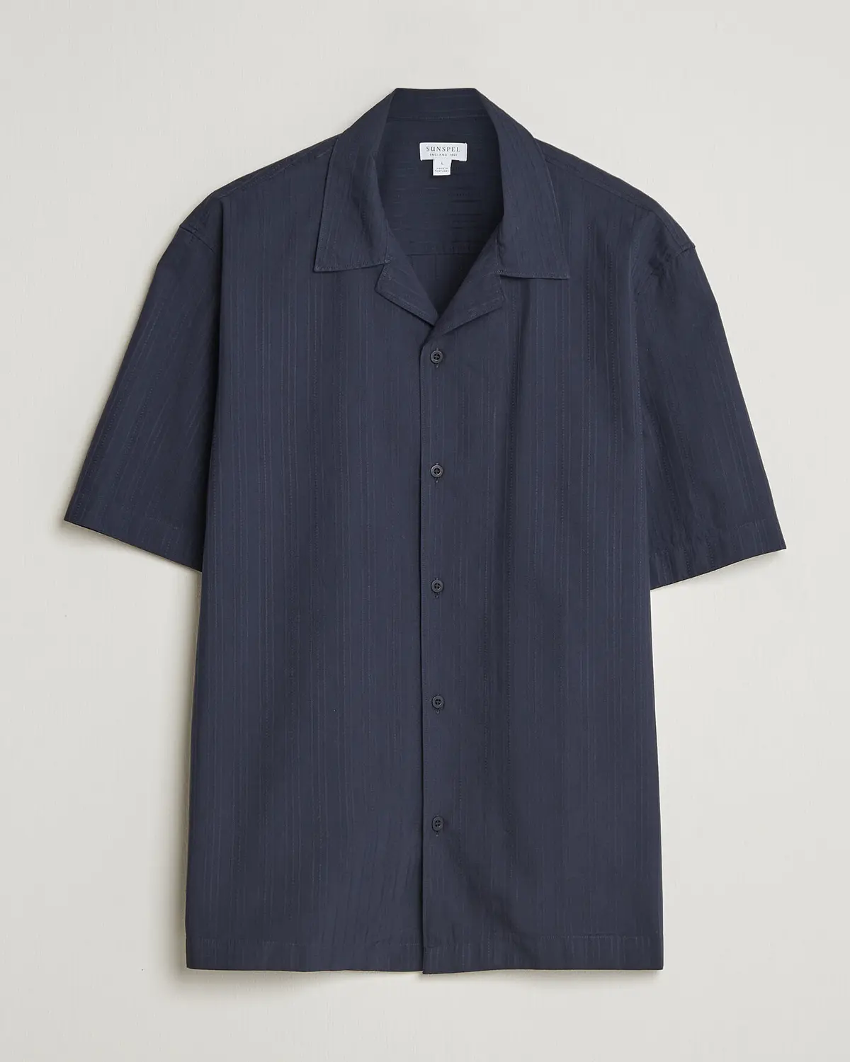 Sunspel Short Sleeve Textured Stripe Shirt Navy