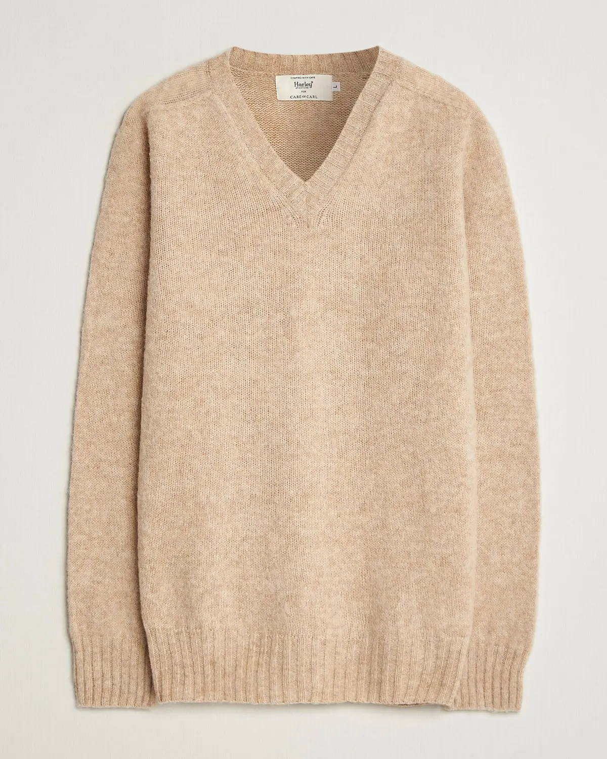 Harley of Scotland for Care of Carl Brushed Supersoft Lambswool V-Neck Beige