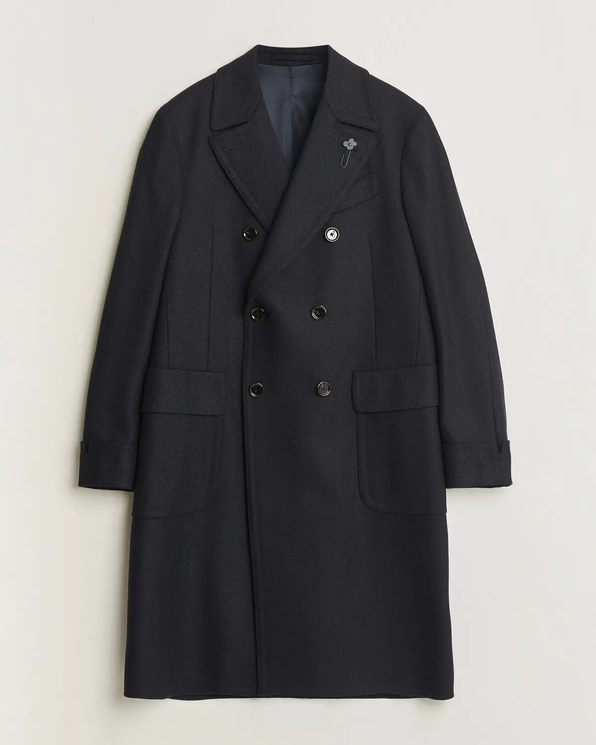 Lardini Ulster Wool/Cashmere Tonal Herringbone Coat Navy