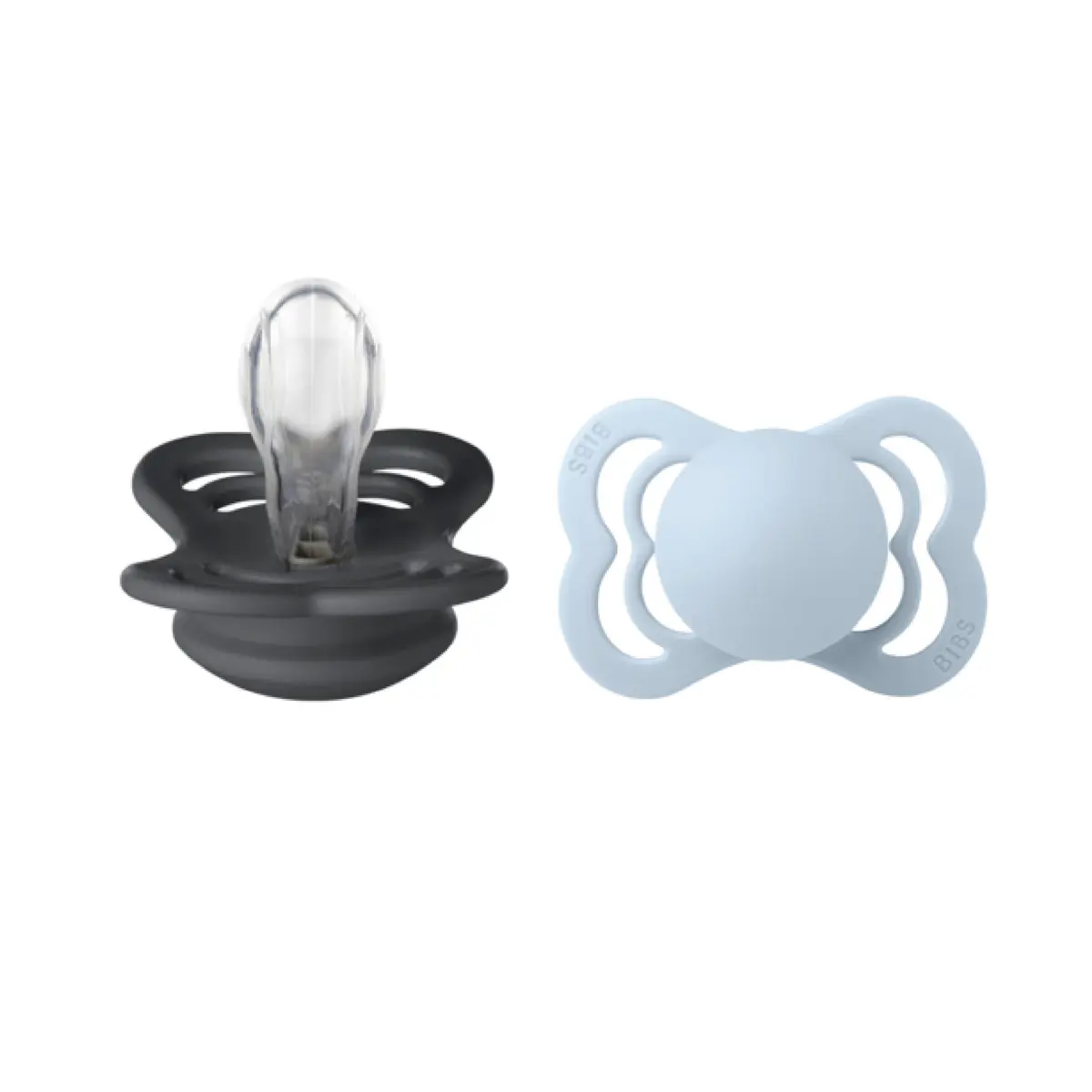 BIBS Supreme Silicone Smokk Str. 1, 0-6 mnd, iron/baby blue, 2 stk.