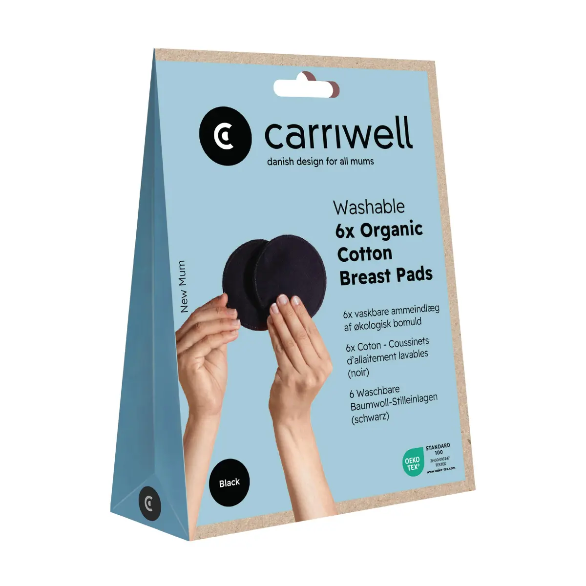 Carriwell Washable Organic Cotton Breast Pads, Onesize, svart, 6 stk.