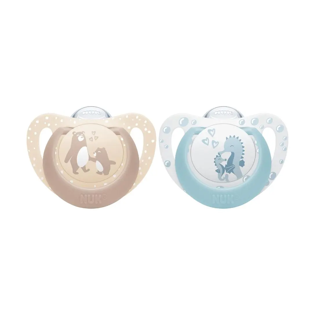 NUK First Choice Silikon Smokk, 0-6 mnd, beige/lyseblå, 2 stk.