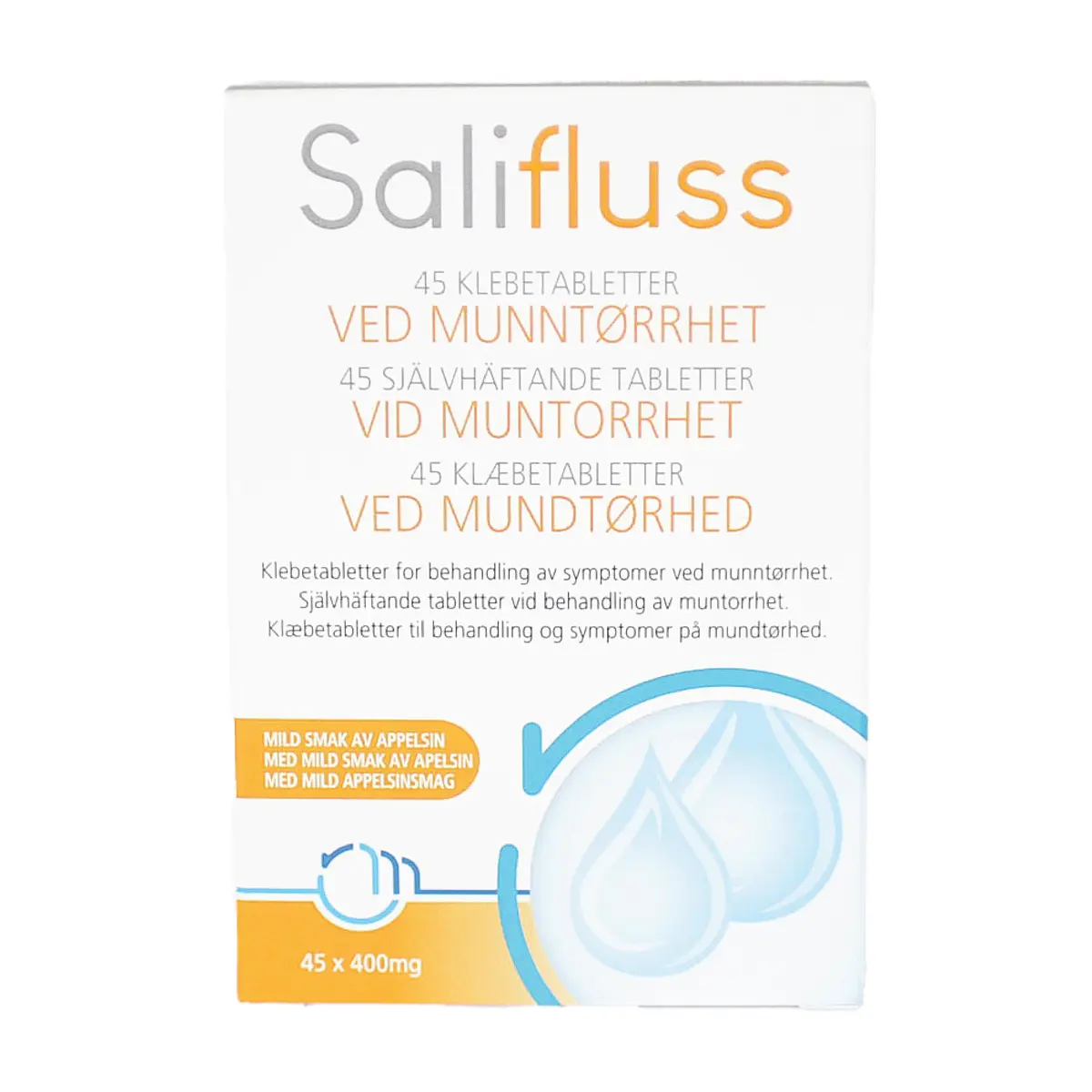 Salifluss Klebetabletter ved munntørrhet, Appelsinsmak, 45 stk.