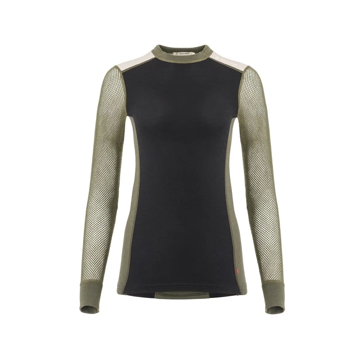 Aclima Women's WoolNet Hybrid Crew Neck Jet Black/Olive Night/Beige Melange