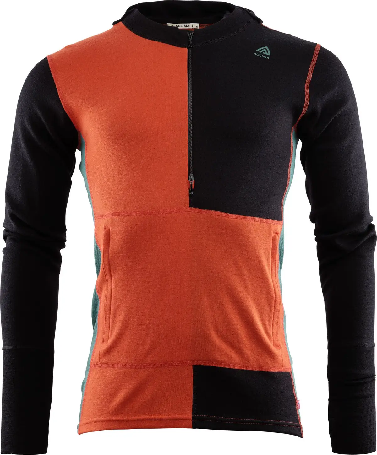 Aclima Men's WarmWool Hoodsweater with Zip Jet Black/Red Clay/North Atlantic
