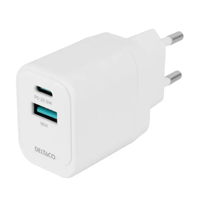 USB-Väggladdare 1x USB-A 18W, 1x USB-C PD 20W, Vit