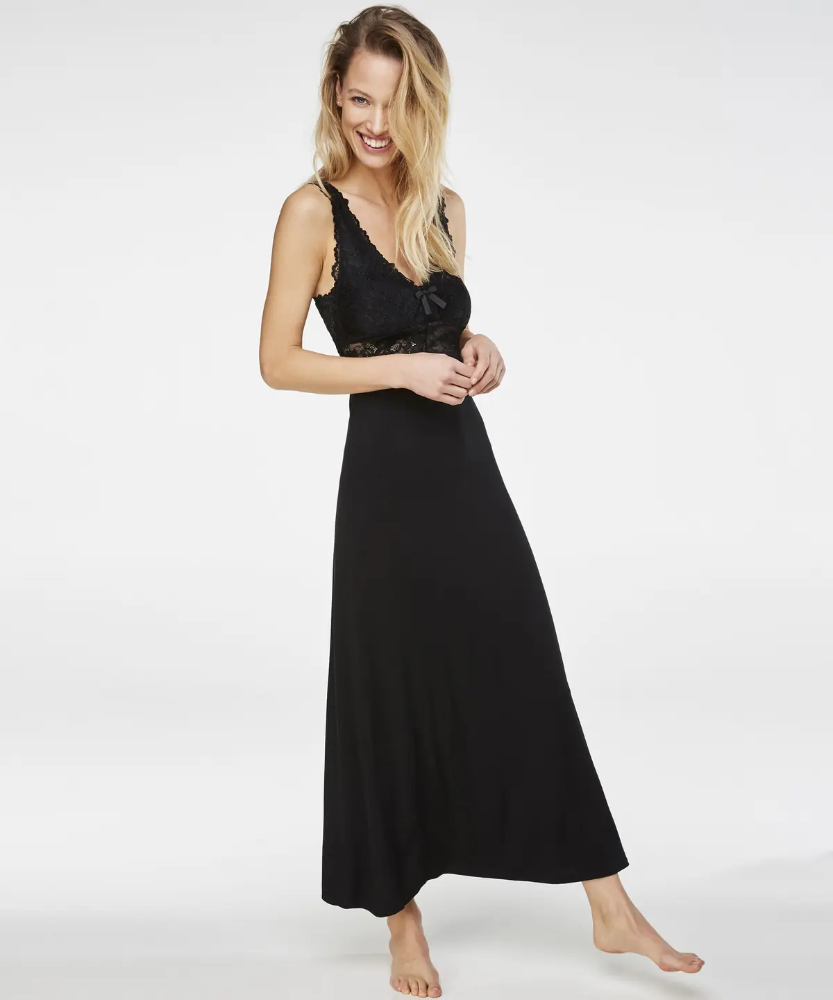 Modal Lace lang slipkjole - Svart