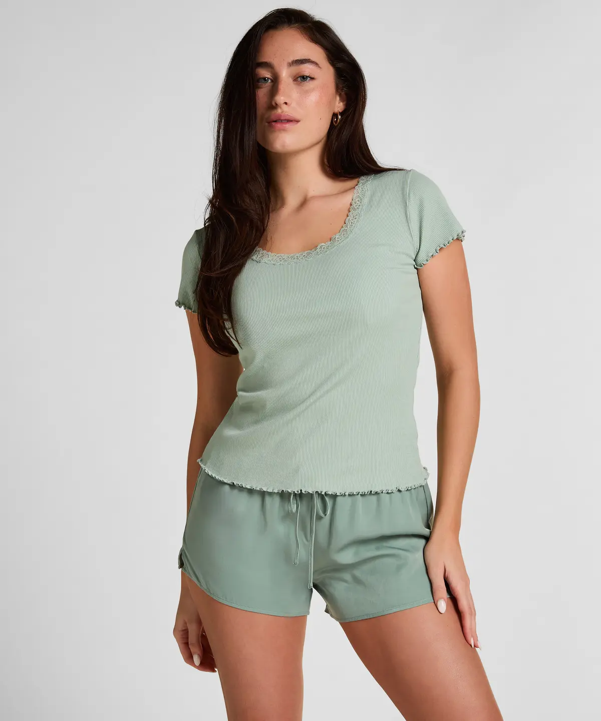 Pyjamas Topp Jersey Rib med Blonder - Grønn