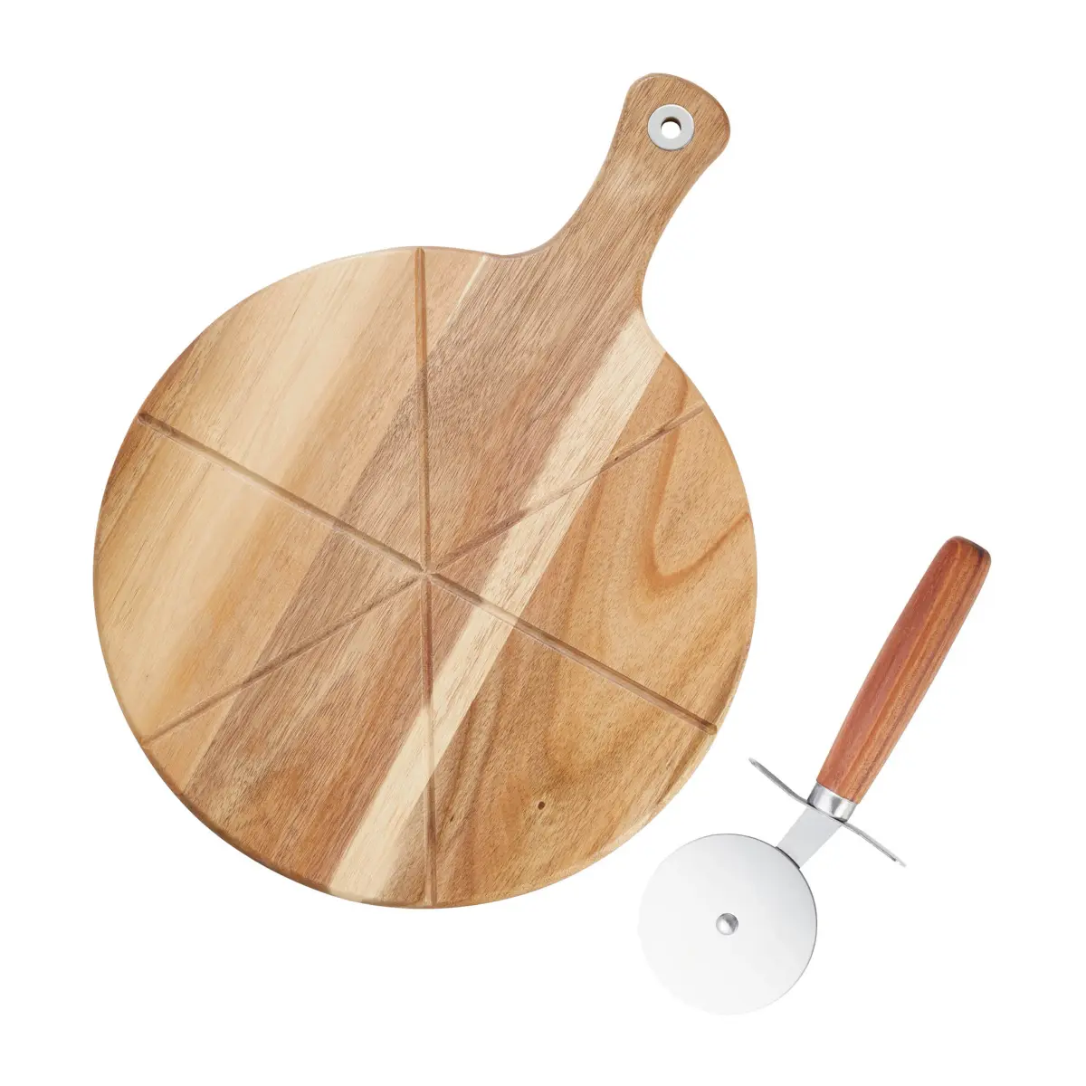Sade pizzasett pizzahjul skjærefjøl skjærebrett Ø 32 cm, Akasie