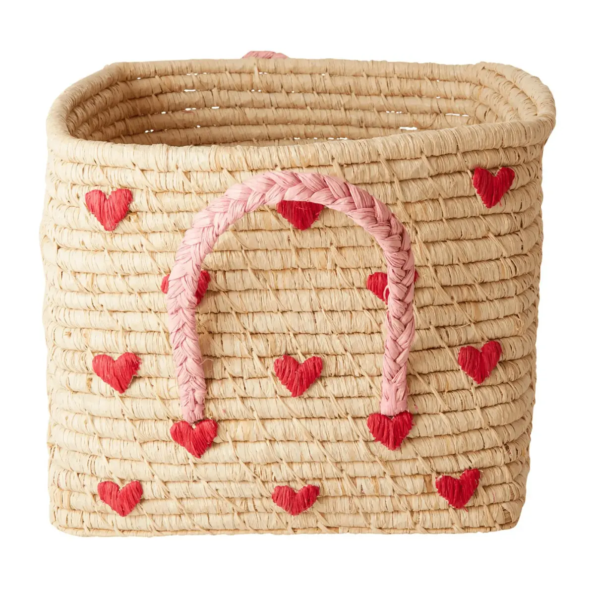 Rice raffiakurv med håndtak 30x30 cm, Red hearts