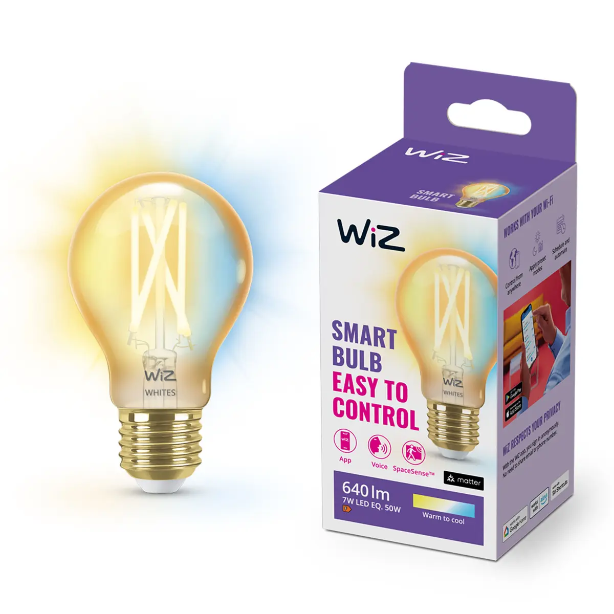 WiZ Amber Filament A60 Smart LED-pære E27 640 lm