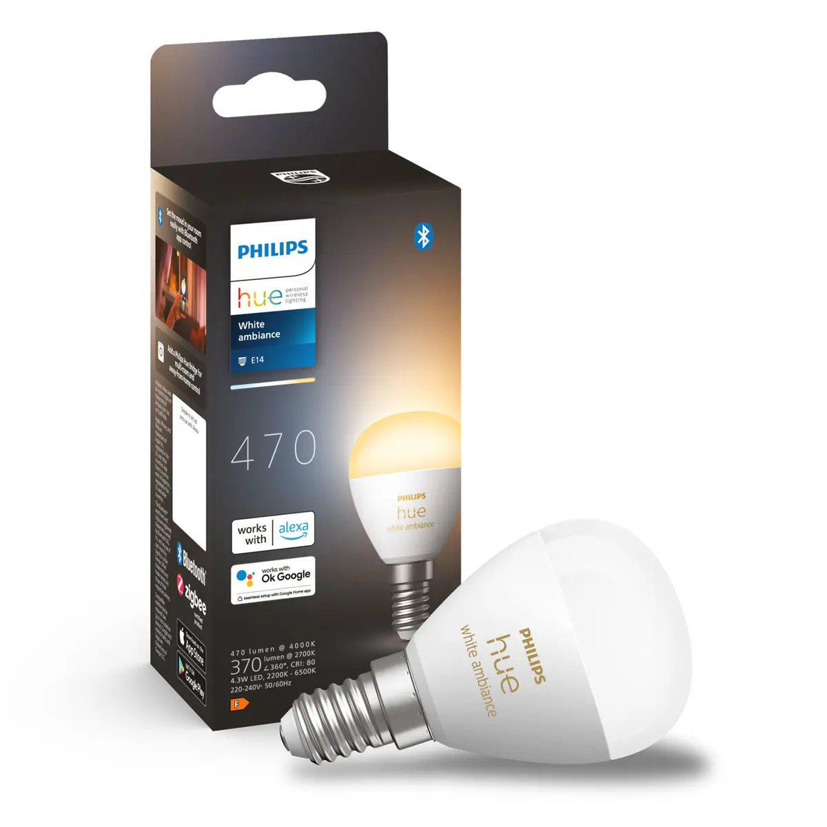Philips Hue Luster Kuleformet LED-pære White Ambiance E14 470 lm