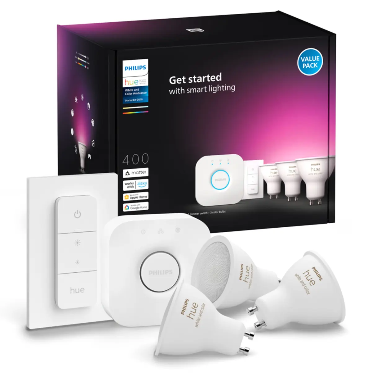 Philips Hue Startpakke: 3x White & Color GU10 + Dimmer + Bridge