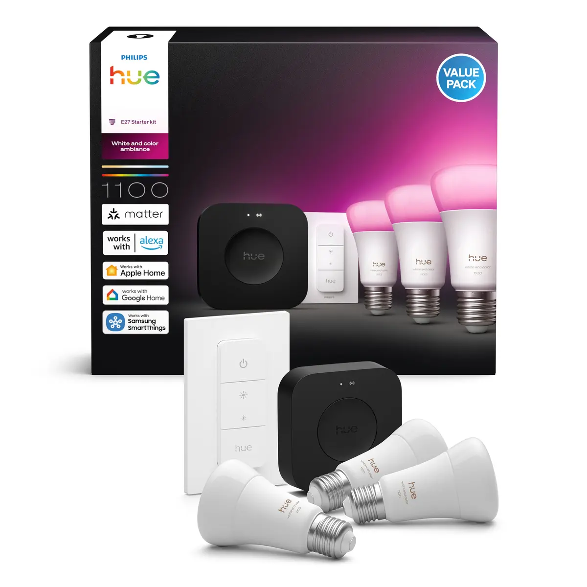 Philips Hue Startpakke Pro: 3x White & Color E27 + Dimmer + Bridge Pro