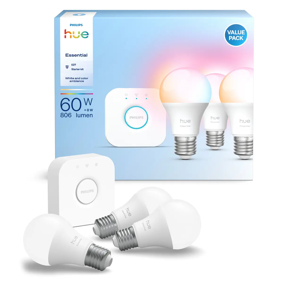 Philips Hue Startpakke Essential: 3x White & Color E27 + Bridge