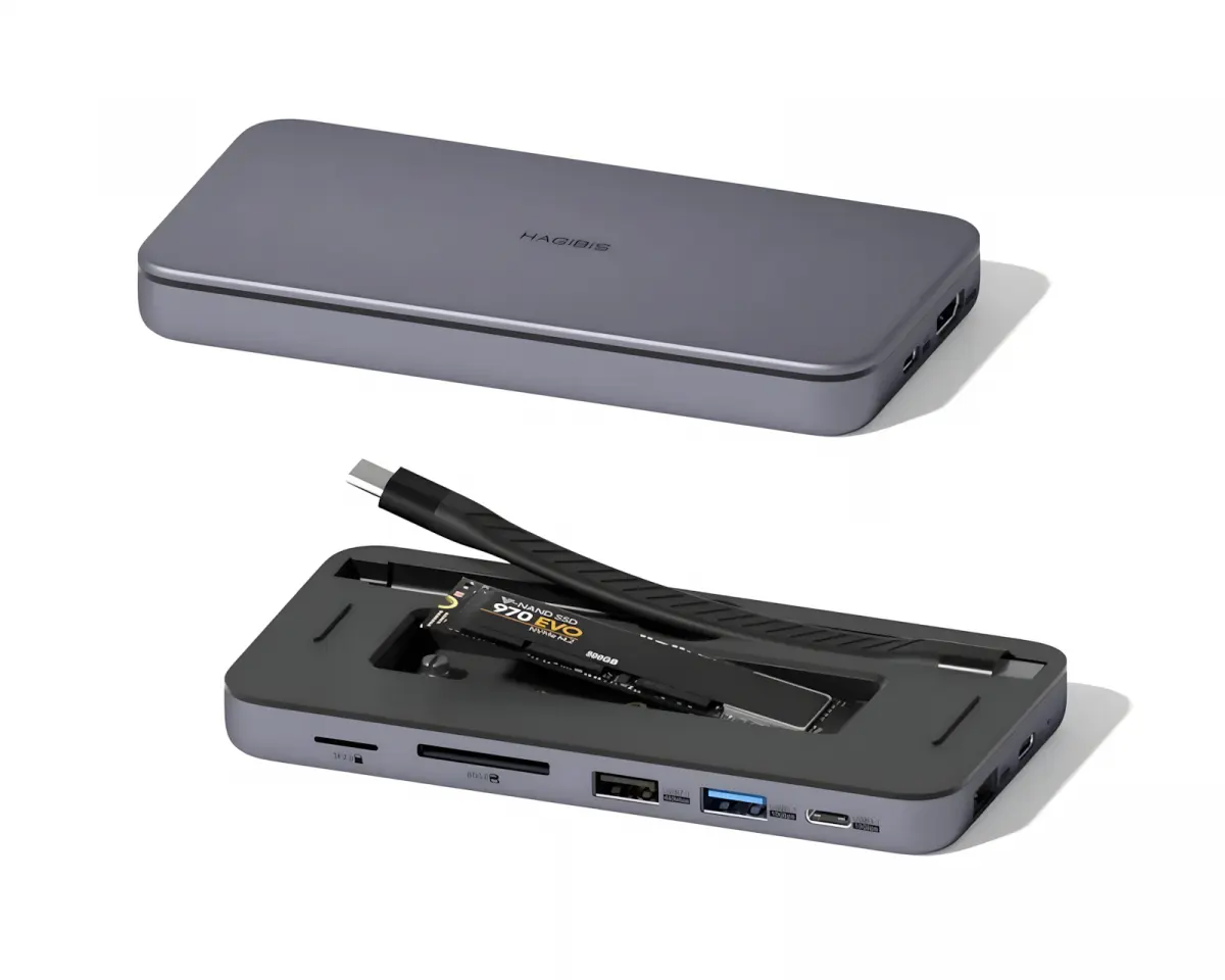 Hagibis USB-C-hub med M.2 NVMe/SATA SSD-kabinett