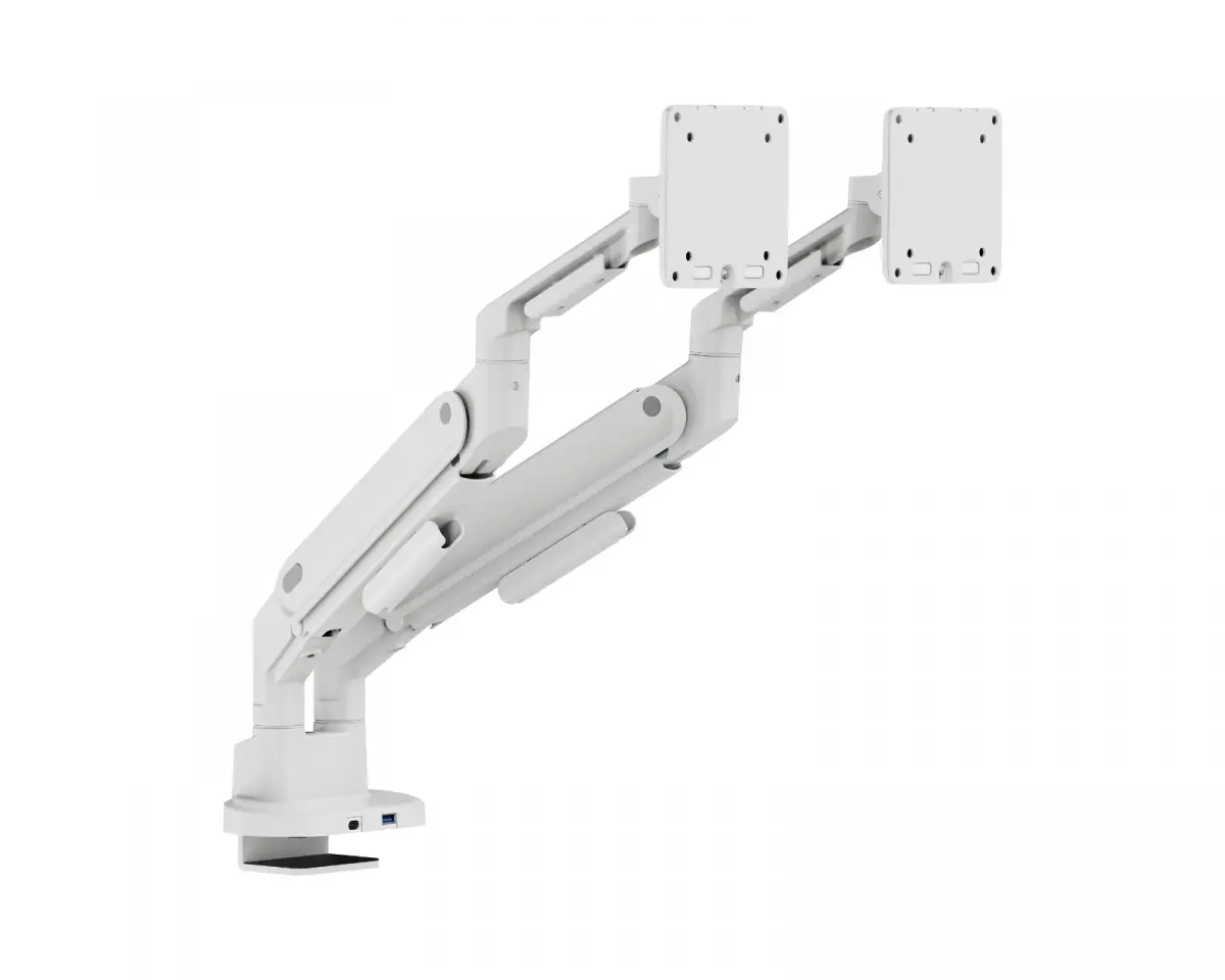 MaxMount Space-Efficient Skjermstativ med gassfjær og USB porter – 2 skjermer – Hvit