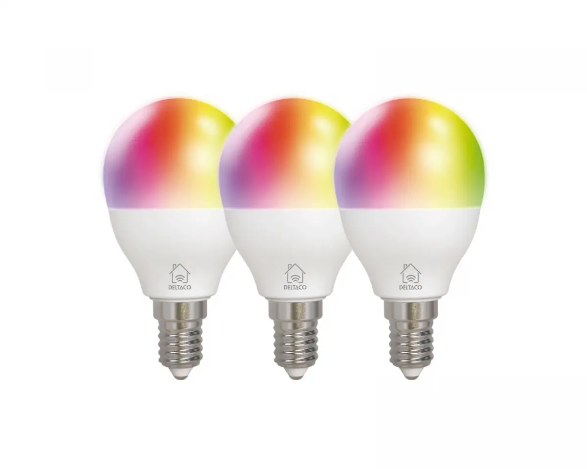 Deltaco Smart Home RGB-pærer, E14, G45, 5W, miniglobe, 3-pakning