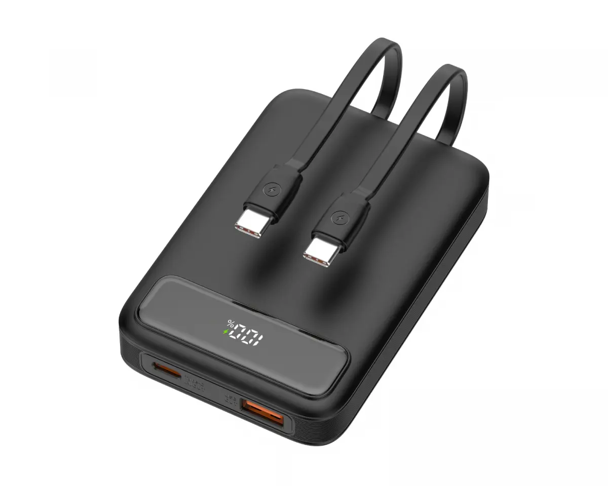 Deltaco 10.000 mAh Powerbank med to USB-C-kabler - Svart