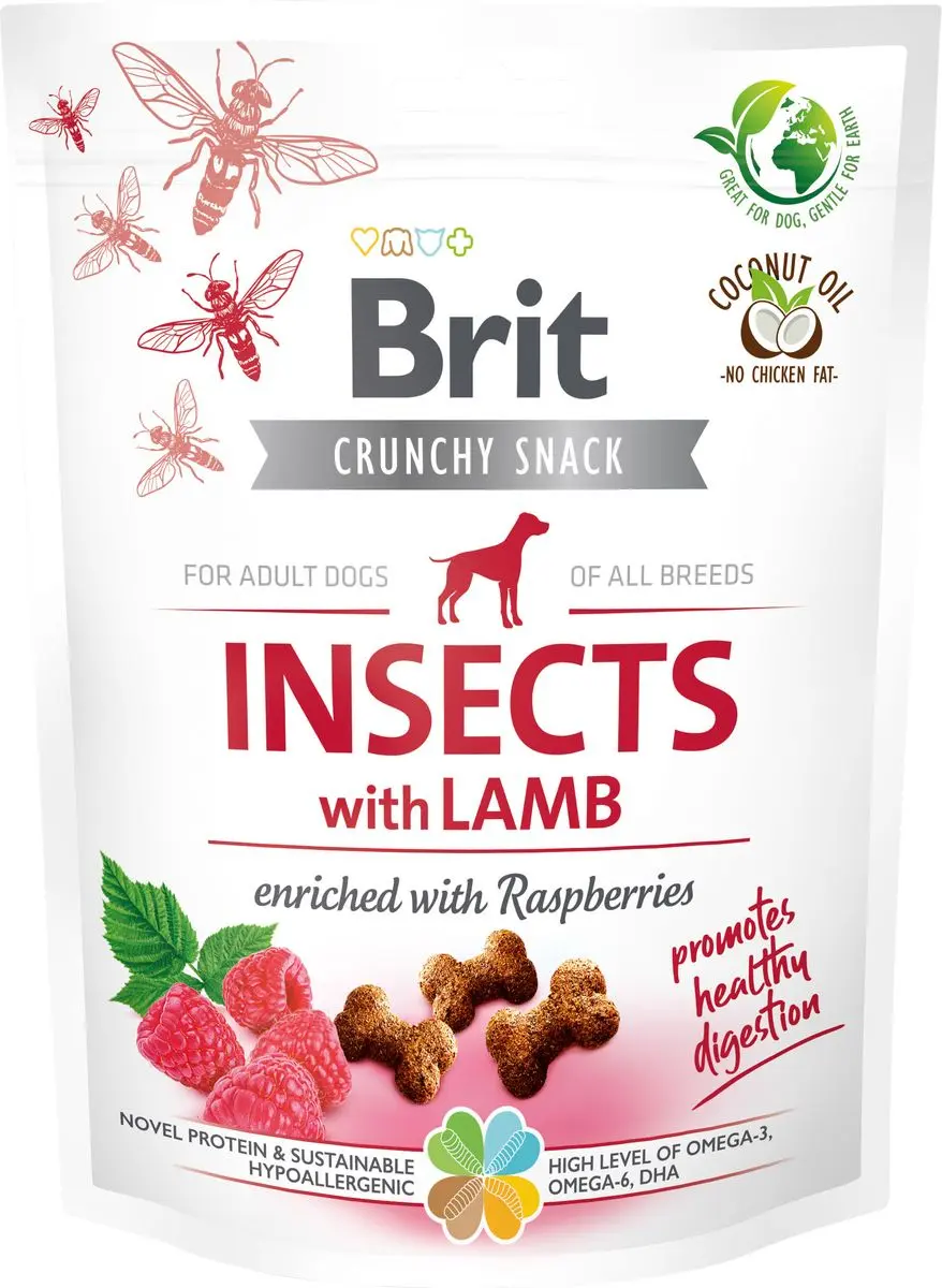 Brit Care Crunchy Cracker Insects med lam og bringebær – 200 g