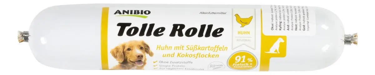 Anibio Tolle Rolle Kylling, pølse for oppskjæring, 91% kjøtt - 400g.