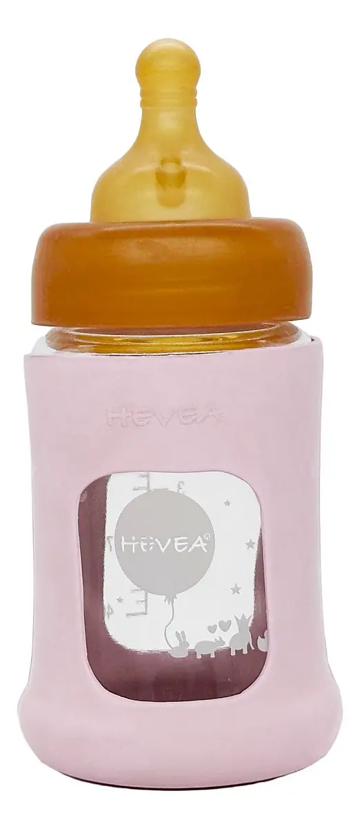 Hevea Glass Tåteflaske Wide Neck med Sleeve 150 ml, Powder Pink - 1 stk.