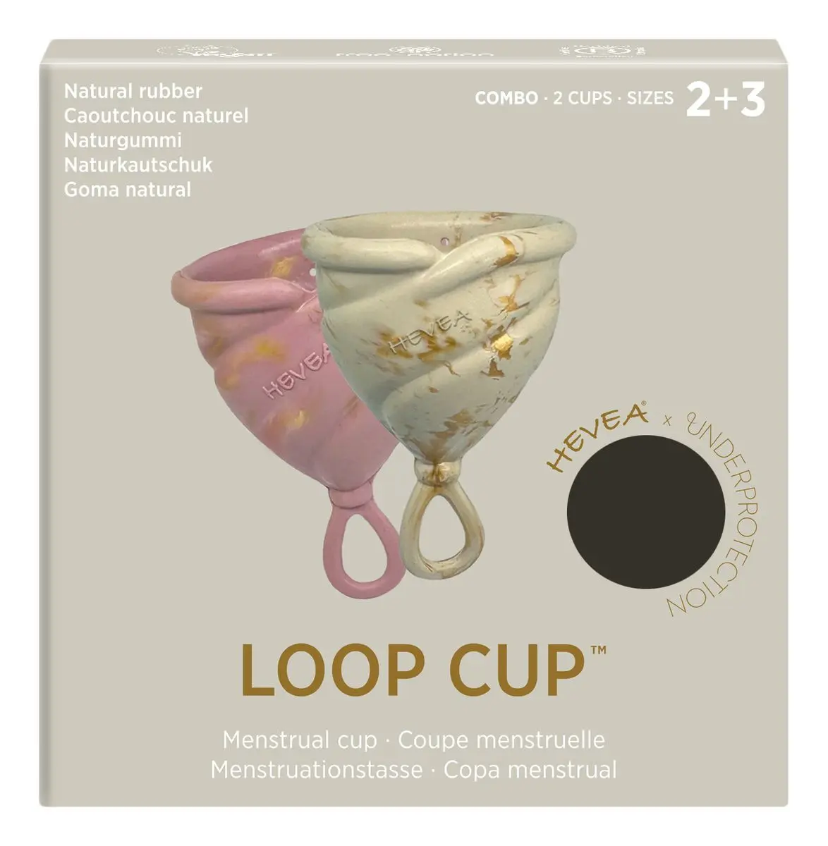 Hevea LOOP Menstruasjonskopp size 2+3 Combo-Pack, Golden Sand & Golden Rosewood - 2 stk.
