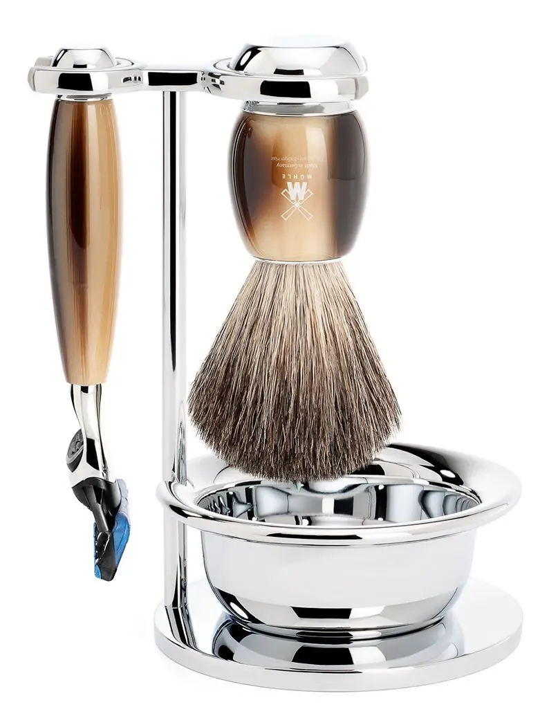 Mühle barbersett med høvel, kost, holder og skål - horn